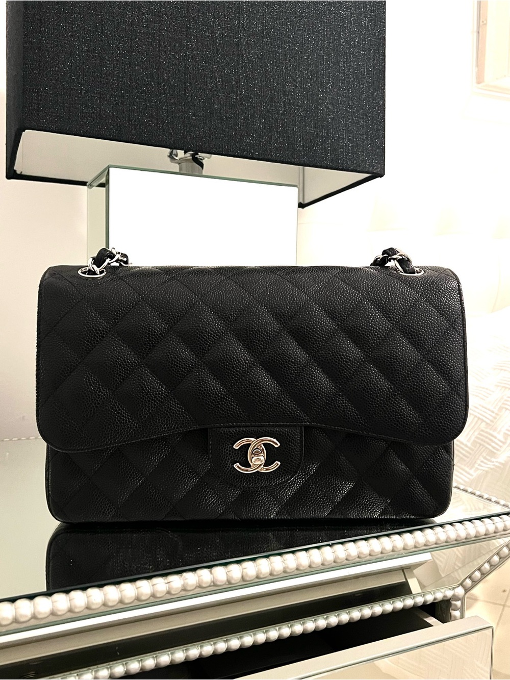 CHANEL Classic Double Flap Jumbo Bag in Black Caviar Leather